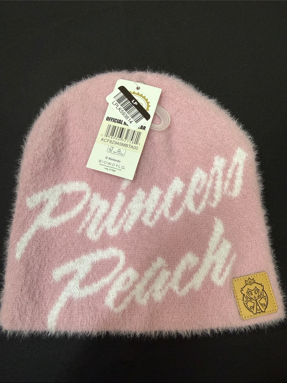 NWT Nintendo Super Mario Bros Princess Peach Fuzzy Pink Beanie with White Script